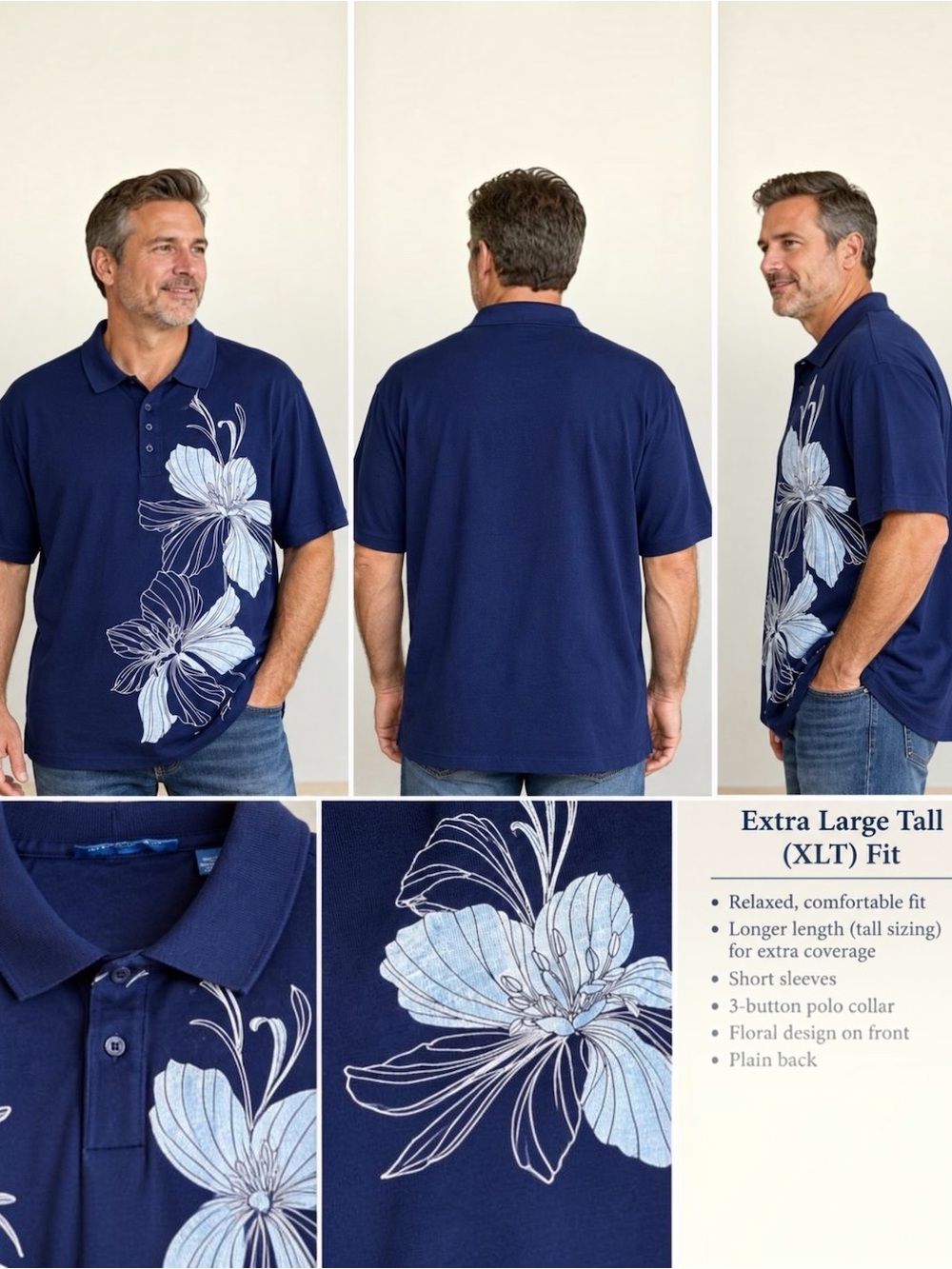 Perry Ellis Polo Shirt XXLT Blue Floral